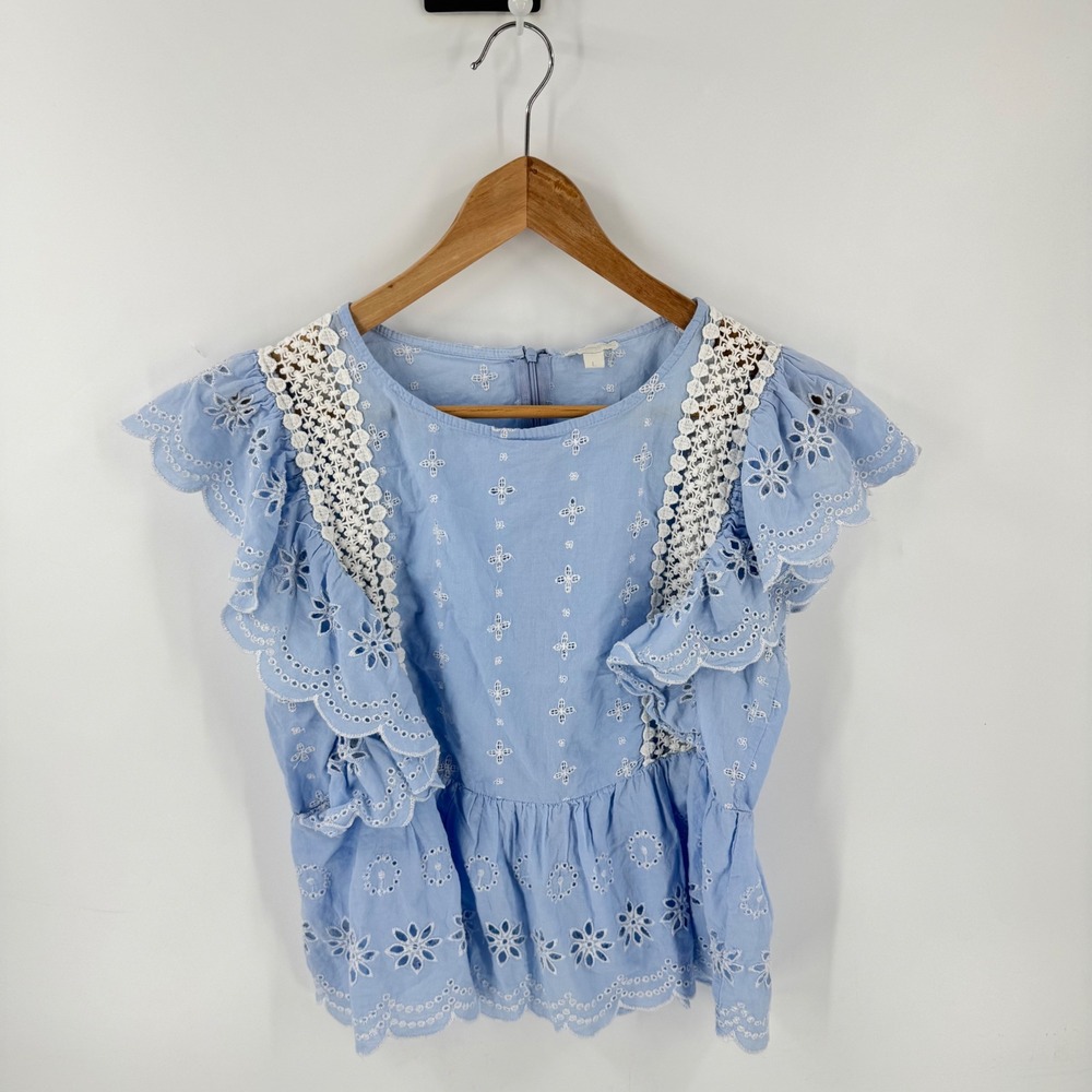 Jennifer & Grace Eyelet Lace Peplum Top Blue XL Flutter Sleeve Crochet Boho
